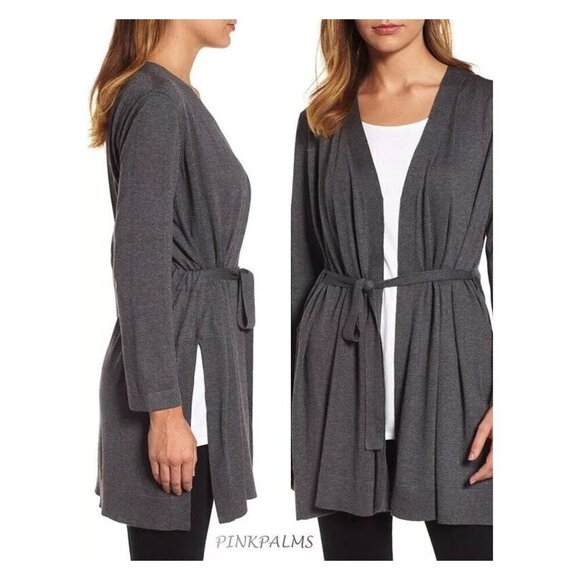 EILEEN FISHER Belted Gray Open Cardigan Tencel Organic Cotton Silk Slits - Picture 2 of 8